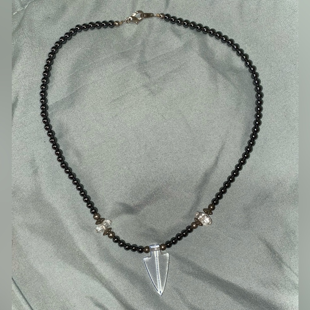 Quartz Crystal Carved Arrowhead Pendant with Hematite Beads